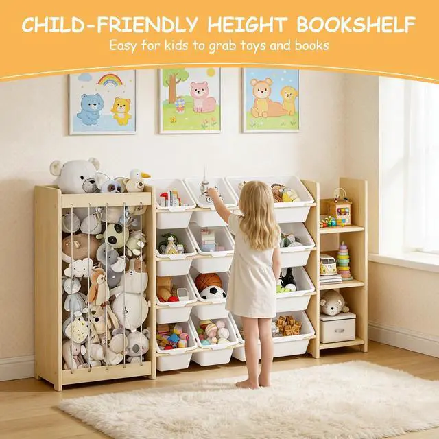 Alt view image 7 of 7 - 3-in-1 Toy Storage Organizer, Stuffed Animal Holder & 3-Tier Bookcase, Solid Wood Toy Organizer with 12 Storage Bins, Space-Saving Toy & Book Shelf for Kids Rooms, Bedroom, Playroom, White