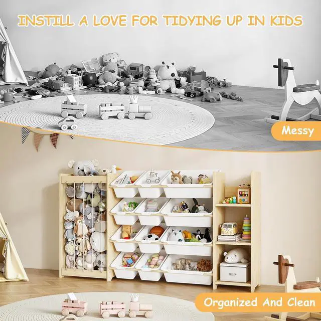 Alt view image 6 of 7 - 3-in-1 Toy Storage Organizer, Stuffed Animal Holder & 3-Tier Bookcase, Solid Wood Toy Organizer with 12 Storage Bins, Space-Saving Toy & Book Shelf for Kids Rooms, Bedroom, Playroom, White