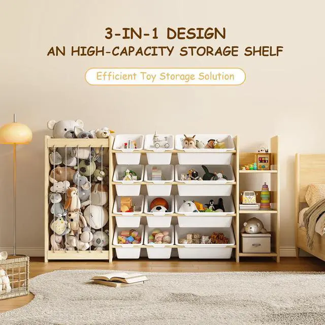 Alt view image 5 of 7 - 3-in-1 Toy Storage Organizer, Stuffed Animal Holder & 3-Tier Bookcase, Solid Wood Toy Organizer with 12 Storage Bins, Space-Saving Toy & Book Shelf for Kids Rooms, Bedroom, Playroom, White
