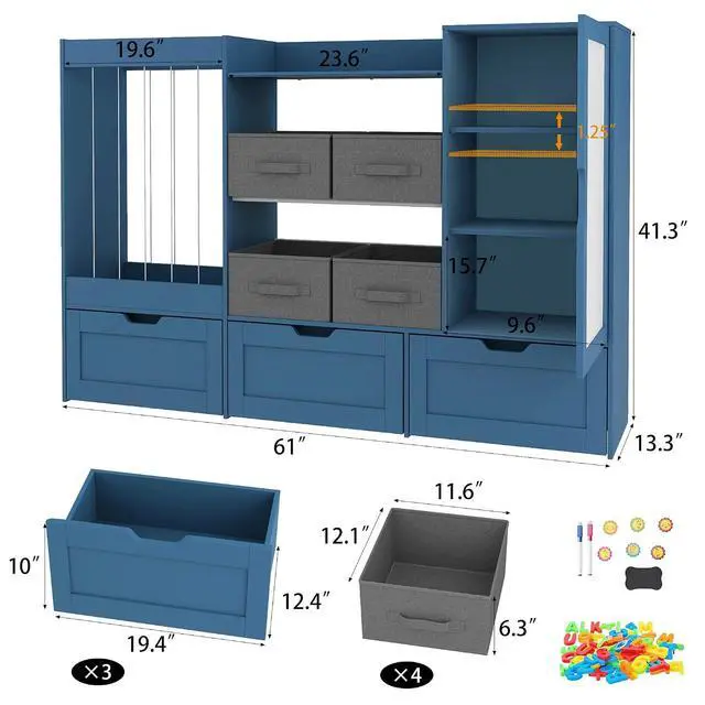 Alt view image 2 of 7 - 61" W Wooden Kids Toy Storage Organizer with Stuffed Animal Storage