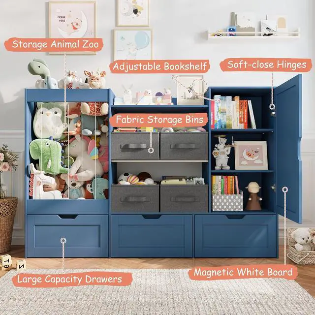 Alt view image 3 of 7 - 61" W Wooden Kids Toy Storage Organizer with Stuffed Animal Storage