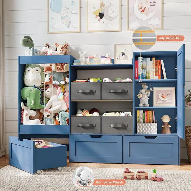 Alt view image 4 of 7 - 61" W Wooden Kids Toy Storage Organizer with Stuffed Animal Storage