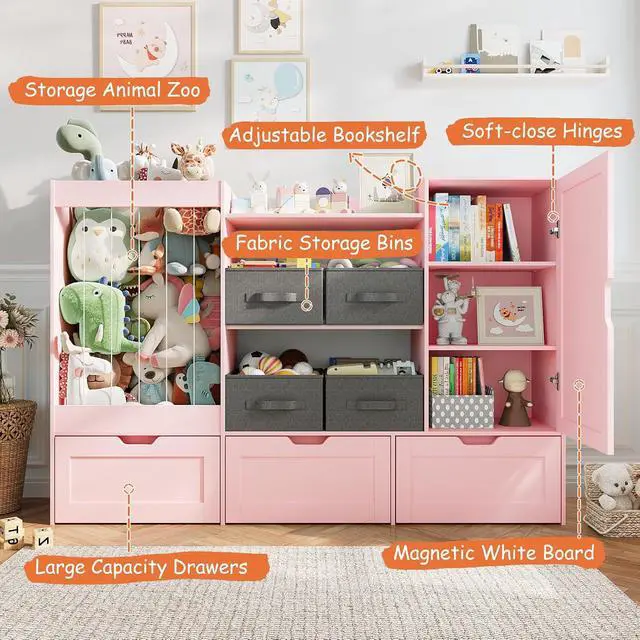 Alt view image 3 of 7 - 61"W Kids Toy Storage Organizer with Stuffed Animal Storage, Wooden