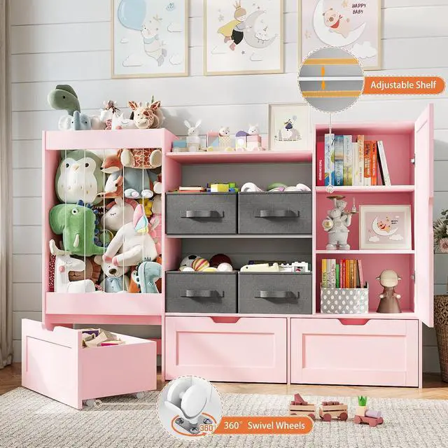 Alt view image 4 of 7 - 61"W Kids Toy Storage Organizer with Stuffed Animal Storage, Wooden