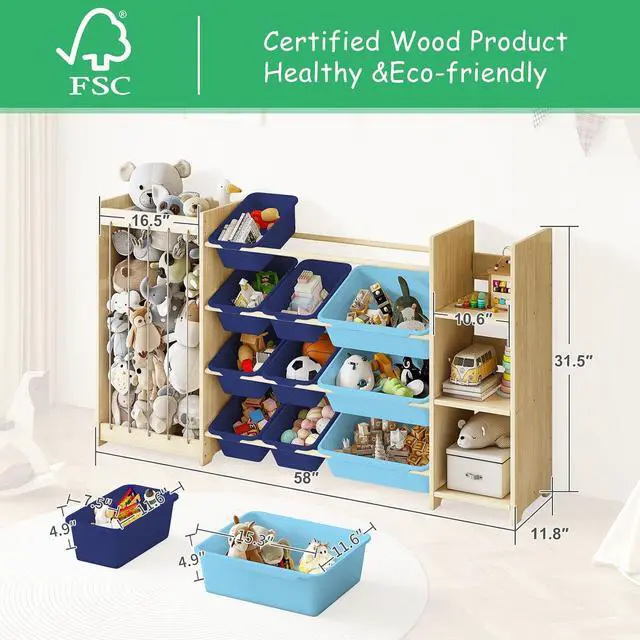 Alt view image 2 of 7 - 3-in-1 Toy Storage Organizer, Stuffed Animal Holder & 3-Tier Bookcase, Solid Wood Toy Organizer with 12 Storage Bins, Space-Saving Toy & Book Shelf for Kids Rooms, Bedroom, Playroom, Blue