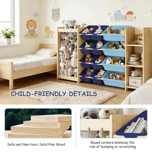 Alt view image 3 of 7 - 3-in-1 Toy Storage Organizer, Stuffed Animal Holder & 3-Tier Bookcase, Solid Wood Toy Organizer with 12 Storage Bins, Space-Saving Toy & Book Shelf for Kids Rooms, Bedroom, Playroom, Blue