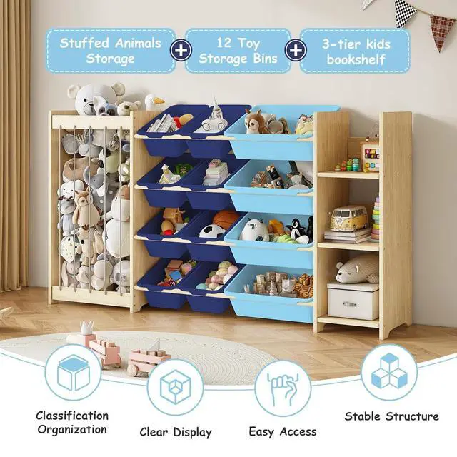 Alt view image 4 of 7 - 3-in-1 Toy Storage Organizer, Stuffed Animal Holder & 3-Tier Bookcase, Solid Wood Toy Organizer with 12 Storage Bins, Space-Saving Toy & Book Shelf for Kids Rooms, Bedroom, Playroom, Blue