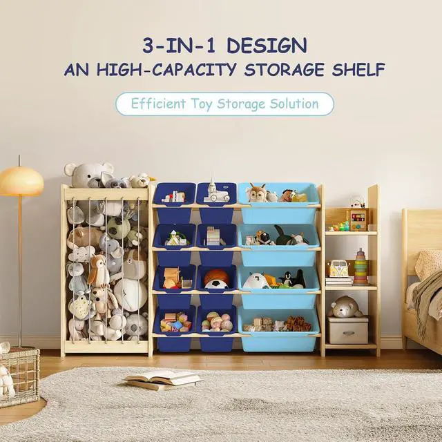 Alt view image 6 of 7 - 3-in-1 Toy Storage Organizer, Stuffed Animal Holder & 3-Tier Bookcase, Solid Wood Toy Organizer with 12 Storage Bins, Space-Saving Toy & Book Shelf for Kids Rooms, Bedroom, Playroom, Blue