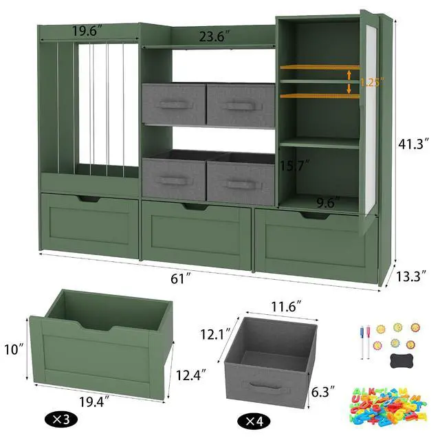 Alt view image 2 of 7 - 61" W Toy Storage Organizer, Wooden Kids Bookshelf, Drawing Board