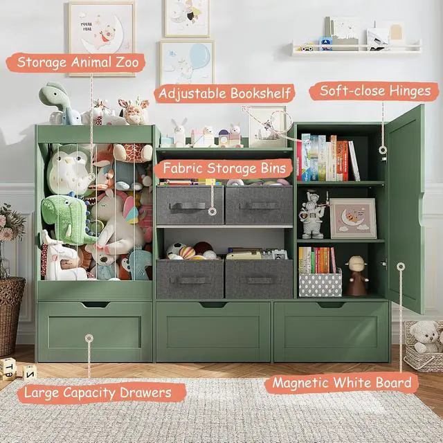 Alt view image 3 of 7 - 61" W Toy Storage Organizer, Wooden Kids Bookshelf, Drawing Board