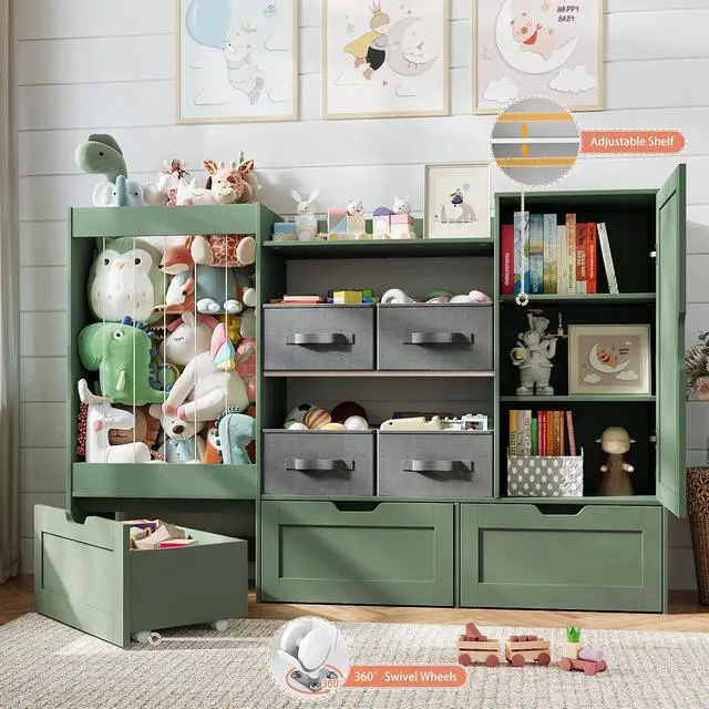 Alt view image 5 of 7 - 61" W Toy Storage Organizer, Wooden Kids Bookshelf, Drawing Board