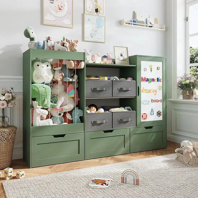 Alt view image 7 of 7 - 61" W Toy Storage Organizer, Wooden Kids Bookshelf, Drawing Board