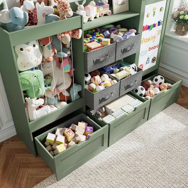 Alt view image 4 of 7 - 61" W Toy Storage Organizer, Wooden Kids Bookshelf, Drawing Board