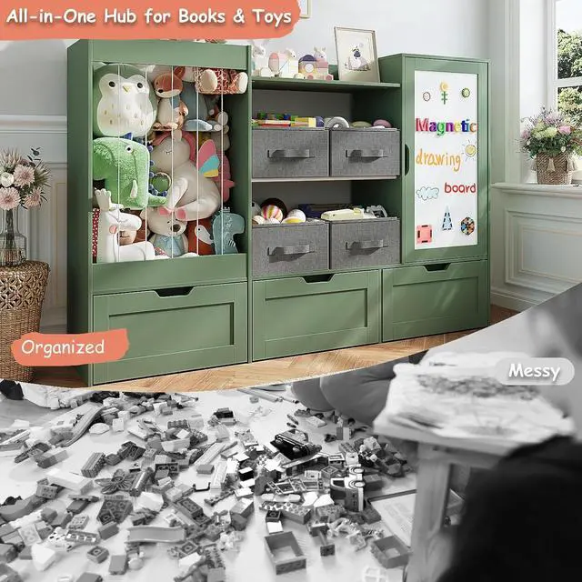 Alt view image 6 of 7 - 61" W Toy Storage Organizer, Wooden Kids Bookshelf, Drawing Board