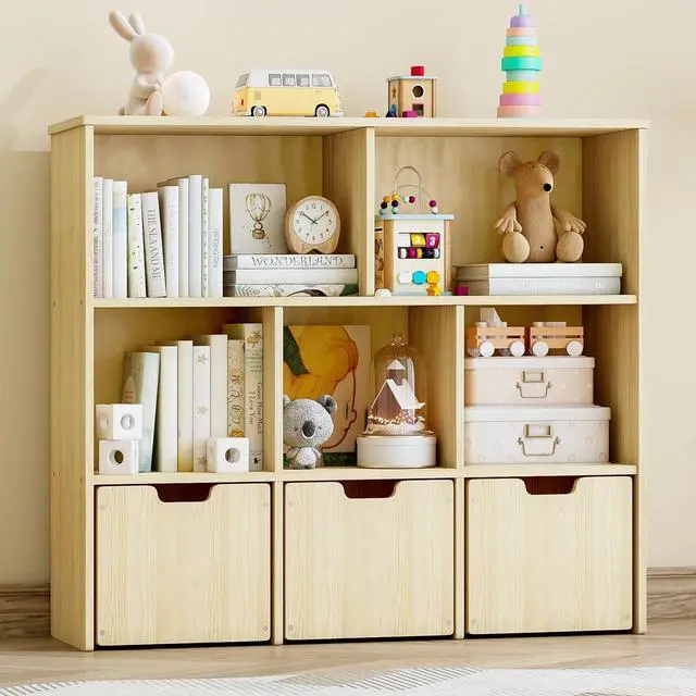 Main image of Solid Pine Wood Toy Storage Organizer, Kids Bookshelf and Toy Organizer with 3 Rolling Drawers, 5 Storage Cubes, Montessori Playroom Storage Cabinet, Burlywood