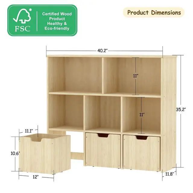 Alt view image 2 of 7 - Solid Pine Wood Toy Storage Organizer, Kids Bookshelf and Toy Organizer with 3 Rolling Drawers, 5 Storage Cubes, Montessori Playroom Storage Cabinet, Burlywood