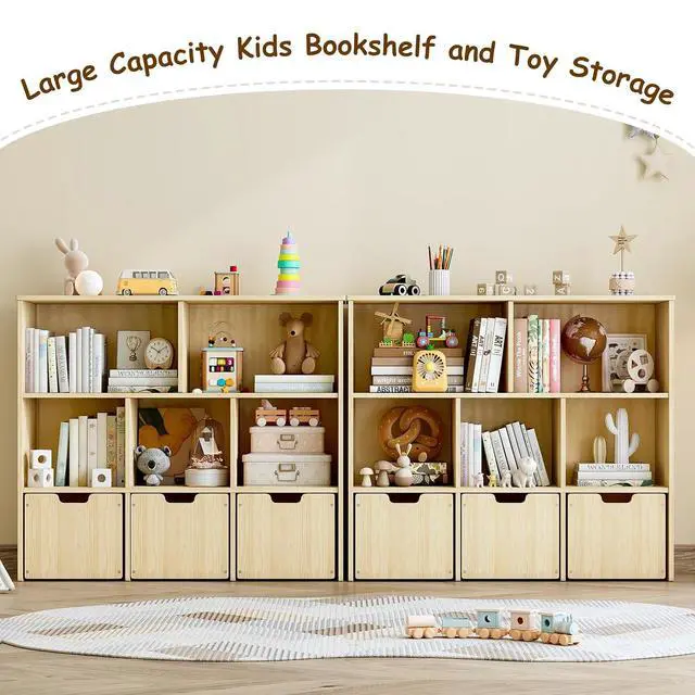 Alt view image 5 of 7 - Solid Pine Wood Toy Storage Organizer, Kids Bookshelf and Toy Organizer with 3 Rolling Drawers, 5 Storage Cubes, Montessori Playroom Storage Cabinet, Burlywood