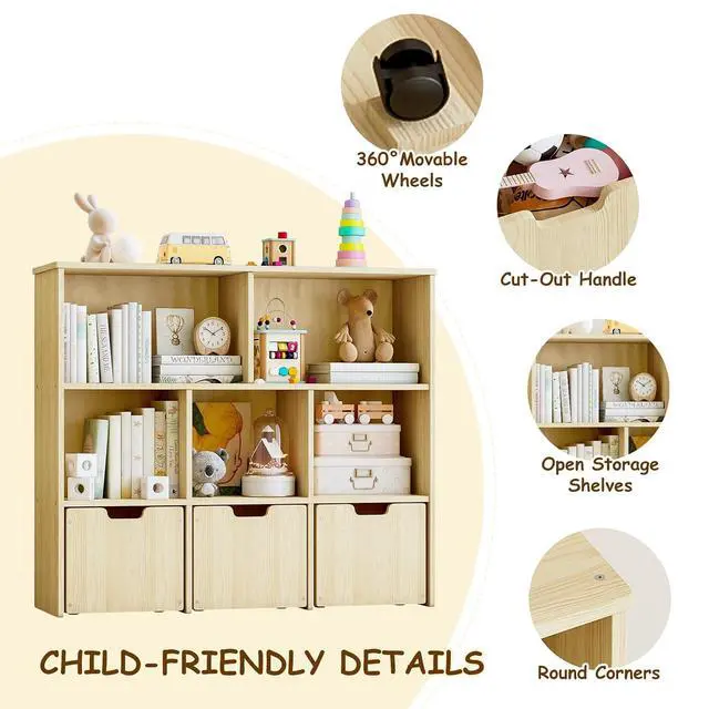 Alt view image 6 of 7 - Solid Pine Wood Toy Storage Organizer, Kids Bookshelf and Toy Organizer with 3 Rolling Drawers, 5 Storage Cubes, Montessori Playroom Storage Cabinet, Burlywood