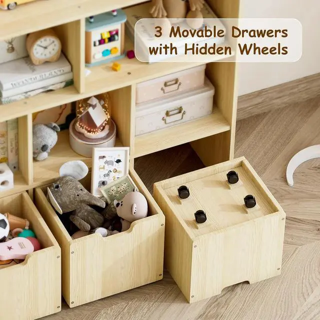 Alt view image 3 of 7 - Solid Pine Wood Toy Storage Organizer, Kids Bookshelf and Toy Organizer with 3 Rolling Drawers, 5 Storage Cubes, Montessori Playroom Storage Cabinet, Burlywood