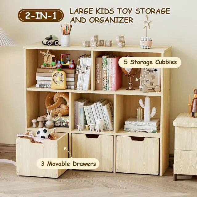 Alt view image 4 of 7 - Solid Pine Wood Toy Storage Organizer, Kids Bookshelf and Toy Organizer with 3 Rolling Drawers, 5 Storage Cubes, Montessori Playroom Storage Cabinet, Burlywood