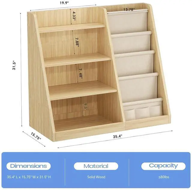 Alt view image 2 of 7 - Kids Bookshelf and Toy Storage Organizer, 4 Tier Wooden Kids Book Shelf with Sling Book Rack in Kids Room Playroom Nursery for Kids, Children, Toddlers