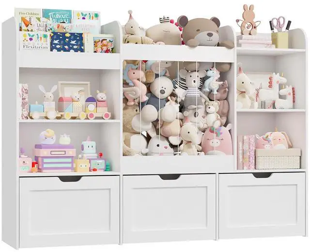 Main image of 61" W Extra Large Kids Toy Storage Organizer with Bookshelf and Stuffed Animal Storage, 3 Large Movable Drawers, 4 Compartments & 3-Tier Shelves for Kids Room, Playroom, White