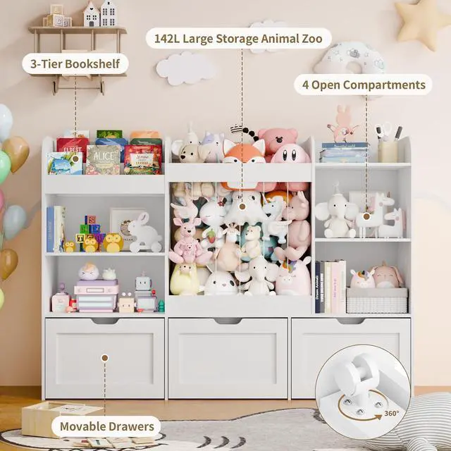 Alt view image 3 of 7 - 61" W Extra Large Kids Toy Storage Organizer with Bookshelf and Stuffed Animal Storage, 3 Large Movable Drawers, 4 Compartments & 3-Tier Shelves for Kids Room, Playroom, White