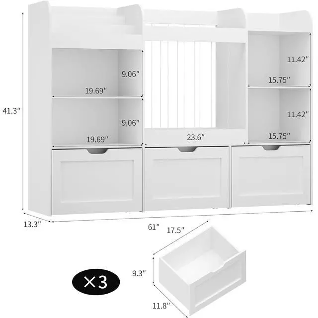 Alt view image 2 of 7 - 61" W Extra Large Kids Toy Storage Organizer with Bookshelf and Stuffed Animal Storage, 3 Large Movable Drawers, 4 Compartments & 3-Tier Shelves for Kids Room, Playroom, White
