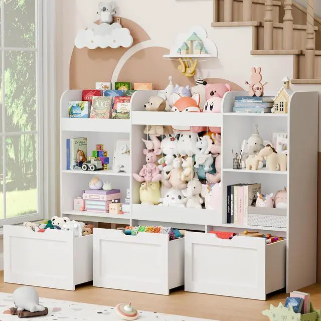 Alt view image 4 of 7 - 61" W Extra Large Kids Toy Storage Organizer with Bookshelf and Stuffed Animal Storage, 3 Large Movable Drawers, 4 Compartments & 3-Tier Shelves for Kids Room, Playroom, White