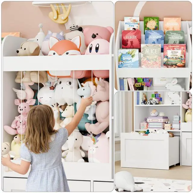 Alt view image 6 of 7 - 61" W Extra Large Kids Toy Storage Organizer with Bookshelf and Stuffed Animal Storage, 3 Large Movable Drawers, 4 Compartments & 3-Tier Shelves for Kids Room, Playroom, White