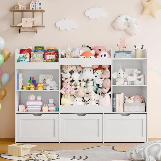 Alt view image 5 of 7 - 61" W Extra Large Kids Toy Storage Organizer with Bookshelf and Stuffed Animal Storage, 3 Large Movable Drawers, 4 Compartments & 3-Tier Shelves for Kids Room, Playroom, White