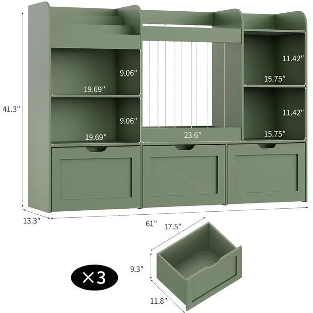 Alt view image 2 of 7 - 61" W Extra Large Kids Toy Storage Organizer with Bookshelf and Stuffed Animal Storage, 3 Large Movable Drawers, 4 Compartments & 3-Tier Shelves for Nursery, Bedroom, Green