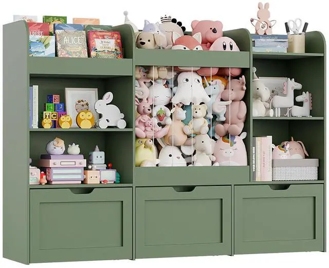 Main image of 61" W Extra Large Kids Toy Storage Organizer with Bookshelf and Stuffed Animal Storage, 3 Large Movable Drawers, 4 Compartments & 3-Tier Shelves for Nursery, Bedroom, Green