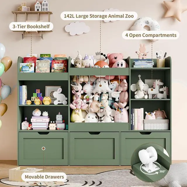Alt view image 3 of 7 - 61" W Extra Large Kids Toy Storage Organizer with Bookshelf and Stuffed Animal Storage, 3 Large Movable Drawers, 4 Compartments & 3-Tier Shelves for Nursery, Bedroom, Green