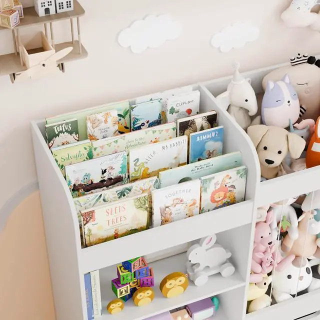 Alt view image 7 of 7 - 61" W Extra Large Kids Toy Storage Organizer with Bookshelf and Stuffed Animal Storage, 3 Large Movable Drawers, 4 Compartments & 3-Tier Shelves for Kids Room, Playroom, White