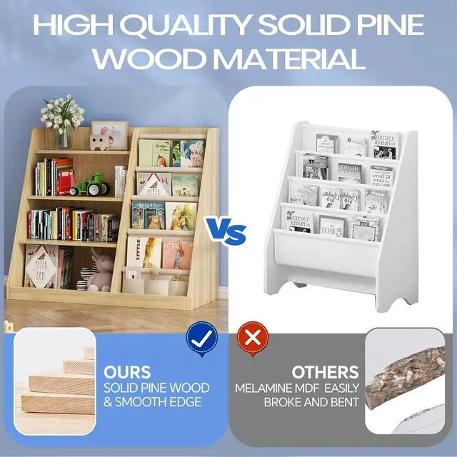 Alt view image 3 of 7 - Kids Bookshelf and Toy Storage Organizer, 4 Tier Wooden Kids Book Shelf with Sling Book Rack in Kids Room Playroom Nursery for Kids, Children, Toddlers