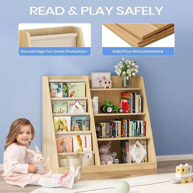 Alt view image 4 of 7 - Kids Bookshelf and Toy Storage Organizer, 4 Tier Wooden Kids Book Shelf with Sling Book Rack in Kids Room Playroom Nursery for Kids, Children, Toddlers