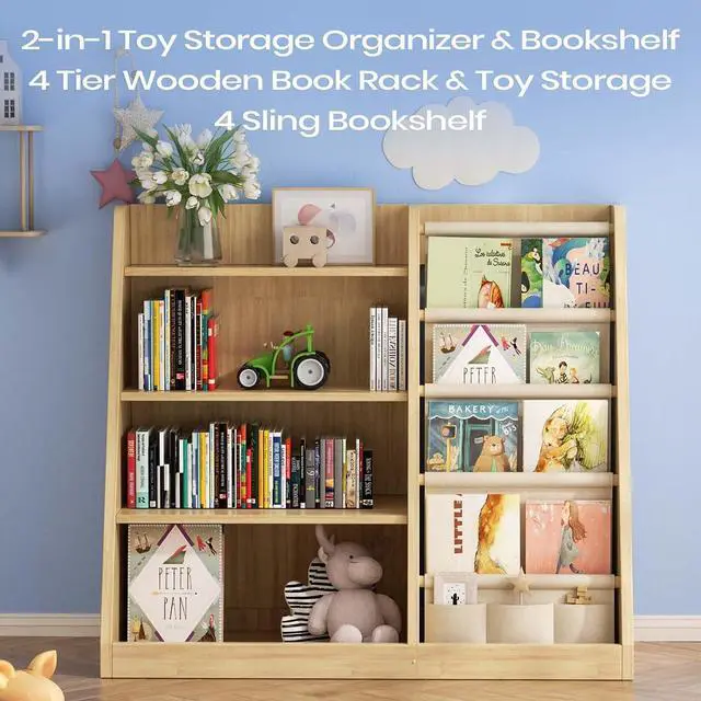 Alt view image 5 of 7 - Kids Bookshelf and Toy Storage Organizer, 4 Tier Wooden Kids Book Shelf with Sling Book Rack in Kids Room Playroom Nursery for Kids, Children, Toddlers