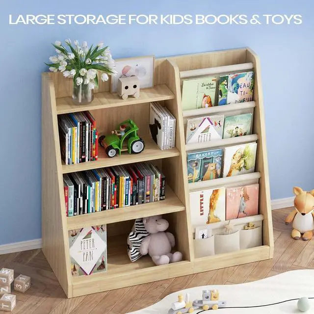 Alt view image 6 of 7 - Kids Bookshelf and Toy Storage Organizer, 4 Tier Wooden Kids Book Shelf with Sling Book Rack in Kids Room Playroom Nursery for Kids, Children, Toddlers