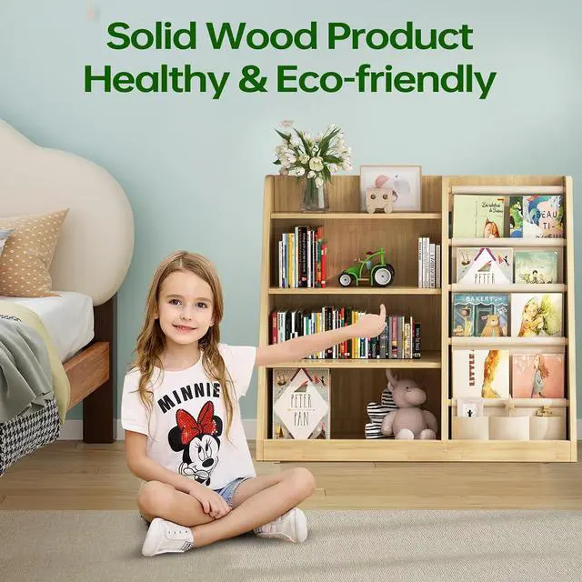 Alt view image 7 of 7 - Kids Bookshelf and Toy Storage Organizer, 4 Tier Wooden Kids Book Shelf with Sling Book Rack in Kids Room Playroom Nursery for Kids, Children, Toddlers