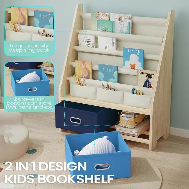 Alt view image 4 of 7 - 4 Tier Kids Bookshelf with Storage Bins, Solid Wood Toddler Book Shelf and Toy Organizer, Sling Book Rack for Kids Room, Nursery, Playroom, Blue