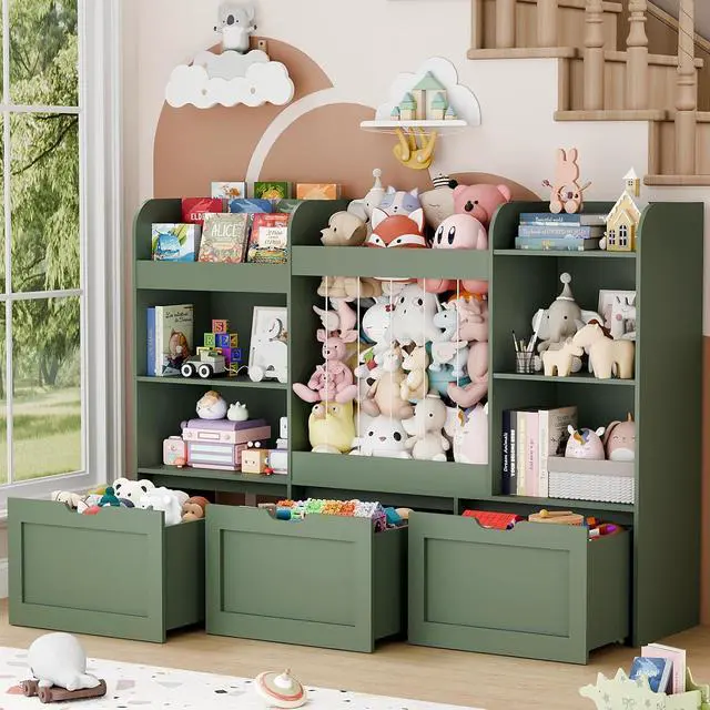 Alt view image 4 of 7 - 61" W Extra Large Kids Toy Storage Organizer with Bookshelf and Stuffed Animal Storage, 3 Large Movable Drawers, 4 Compartments & 3-Tier Shelves for Nursery, Bedroom, Green