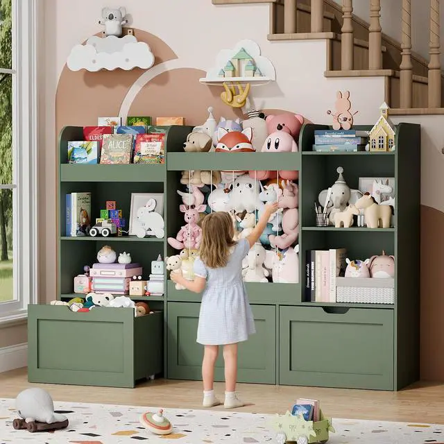 Alt view image 5 of 7 - 61" W Extra Large Kids Toy Storage Organizer with Bookshelf and Stuffed Animal Storage, 3 Large Movable Drawers, 4 Compartments & 3-Tier Shelves for Nursery, Bedroom, Green