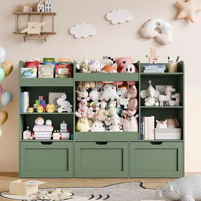 Alt view image 6 of 7 - 61" W Extra Large Kids Toy Storage Organizer with Bookshelf and Stuffed Animal Storage, 3 Large Movable Drawers, 4 Compartments & 3-Tier Shelves for Nursery, Bedroom, Green