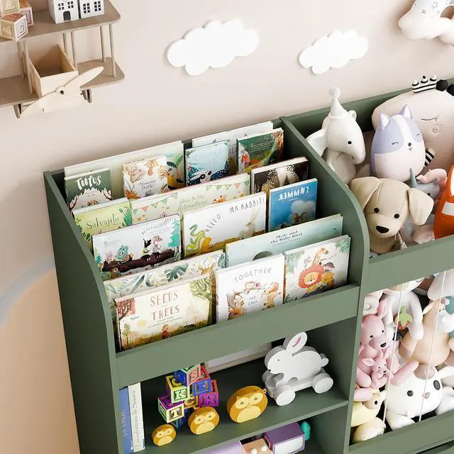 Alt view image 7 of 7 - 61" W Extra Large Kids Toy Storage Organizer with Bookshelf and Stuffed Animal Storage, 3 Large Movable Drawers, 4 Compartments & 3-Tier Shelves for Nursery, Bedroom, Green