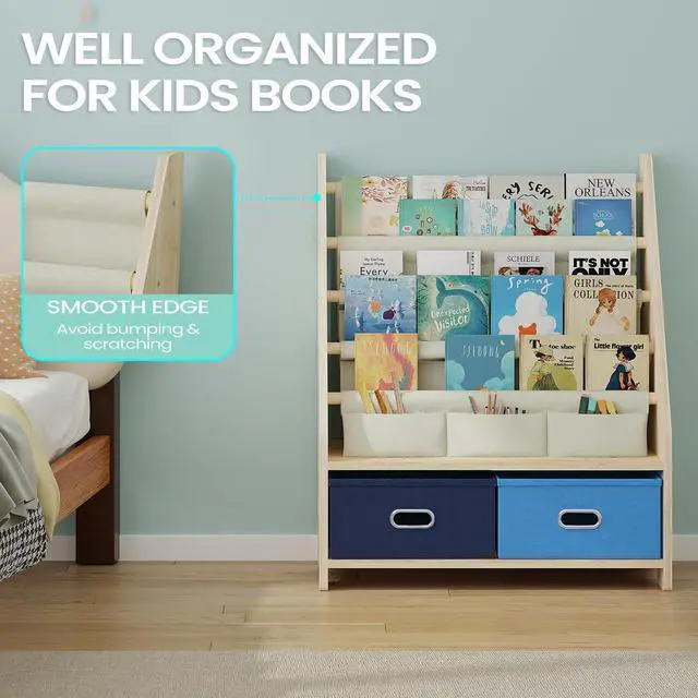 Alt view image 7 of 7 - 4 Tier Kids Bookshelf with Storage Bins, Solid Wood Toddler Book Shelf and Toy Organizer, Sling Book Rack for Kids Room, Nursery, Playroom, Blue
