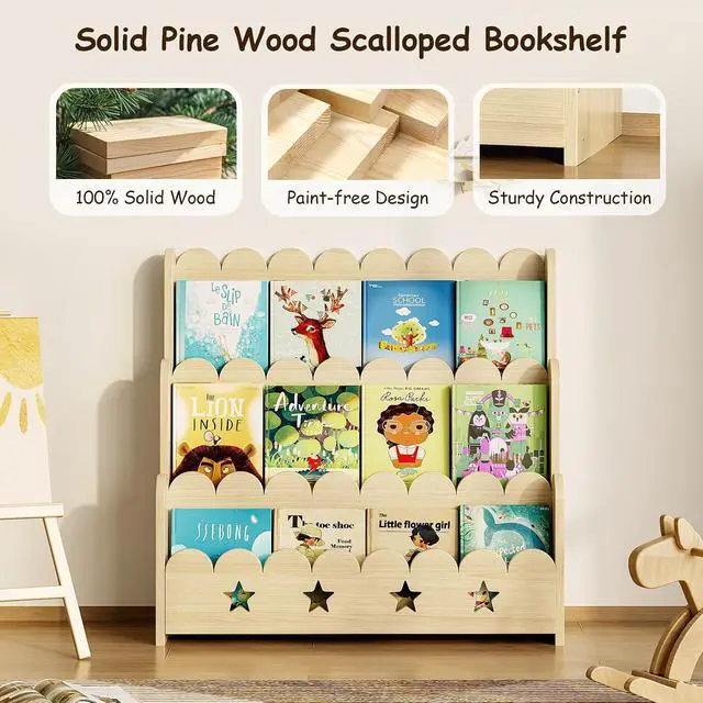 Alt view image 6 of 7 - Scalloped Bookshelf for Kids, 3-Tier Front Facing Book Display Shelf, Solid Wood Montessori Bookcase Organizer for Bedroom, Nursery, Playroom & Classroom