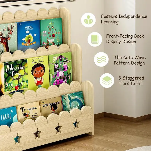 Alt view image 3 of 7 - Scalloped Bookshelf for Kids, 3-Tier Front Facing Book Display Shelf, Solid Wood Montessori Bookcase Organizer for Bedroom, Nursery, Playroom & Classroom