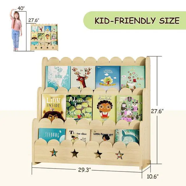 Alt view image 2 of 7 - Scalloped Bookshelf for Kids, 3-Tier Front Facing Book Display Shelf, Solid Wood Montessori Bookcase Organizer for Bedroom, Nursery, Playroom & Classroom