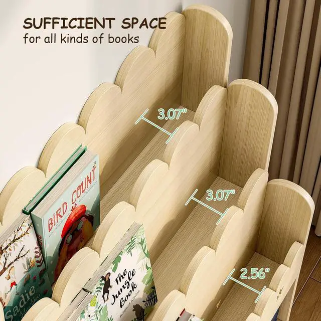 Alt view image 5 of 7 - Scalloped Bookshelf for Kids, 3-Tier Front Facing Book Display Shelf, Solid Wood Montessori Bookcase Organizer for Bedroom, Nursery, Playroom & Classroom